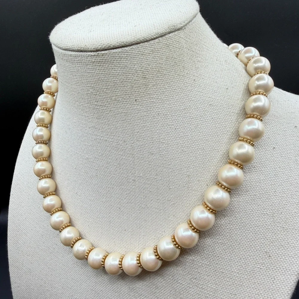 Cream Faux Pearl Beaded Necklace Gold Tone Spacer Classic Elegant Statement